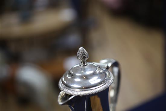 A George III silver hot water jug on tripod stand with burner, 25.5 oz.